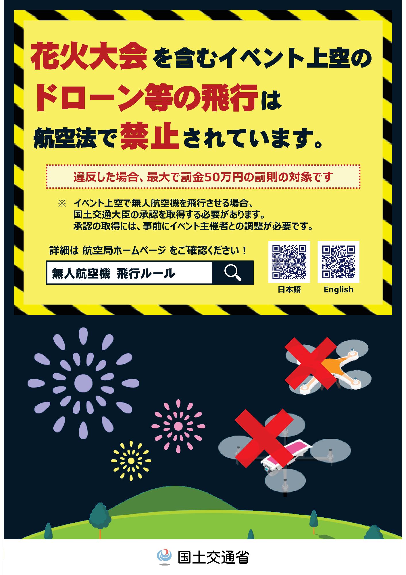 花火大会を含むイベント上空のドローン等の飛行は航空法で禁止されています。